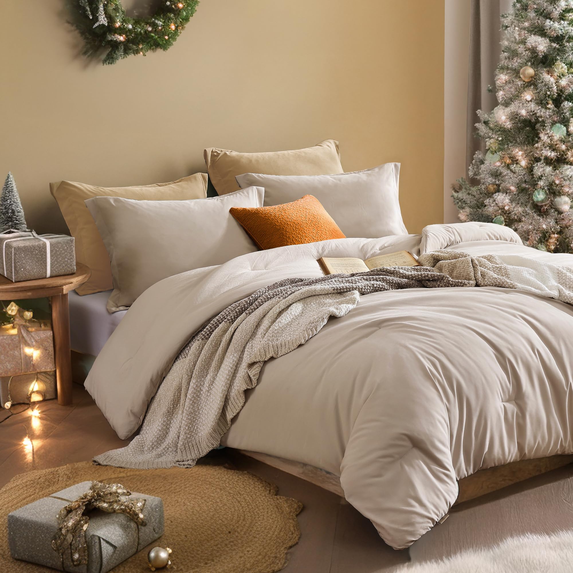 Amberspace Beige Boho King Comforter Set, 3 Piece Lightweight Comforter King Size, Premium Farmhouse King Bedding Set In Faux Mi
